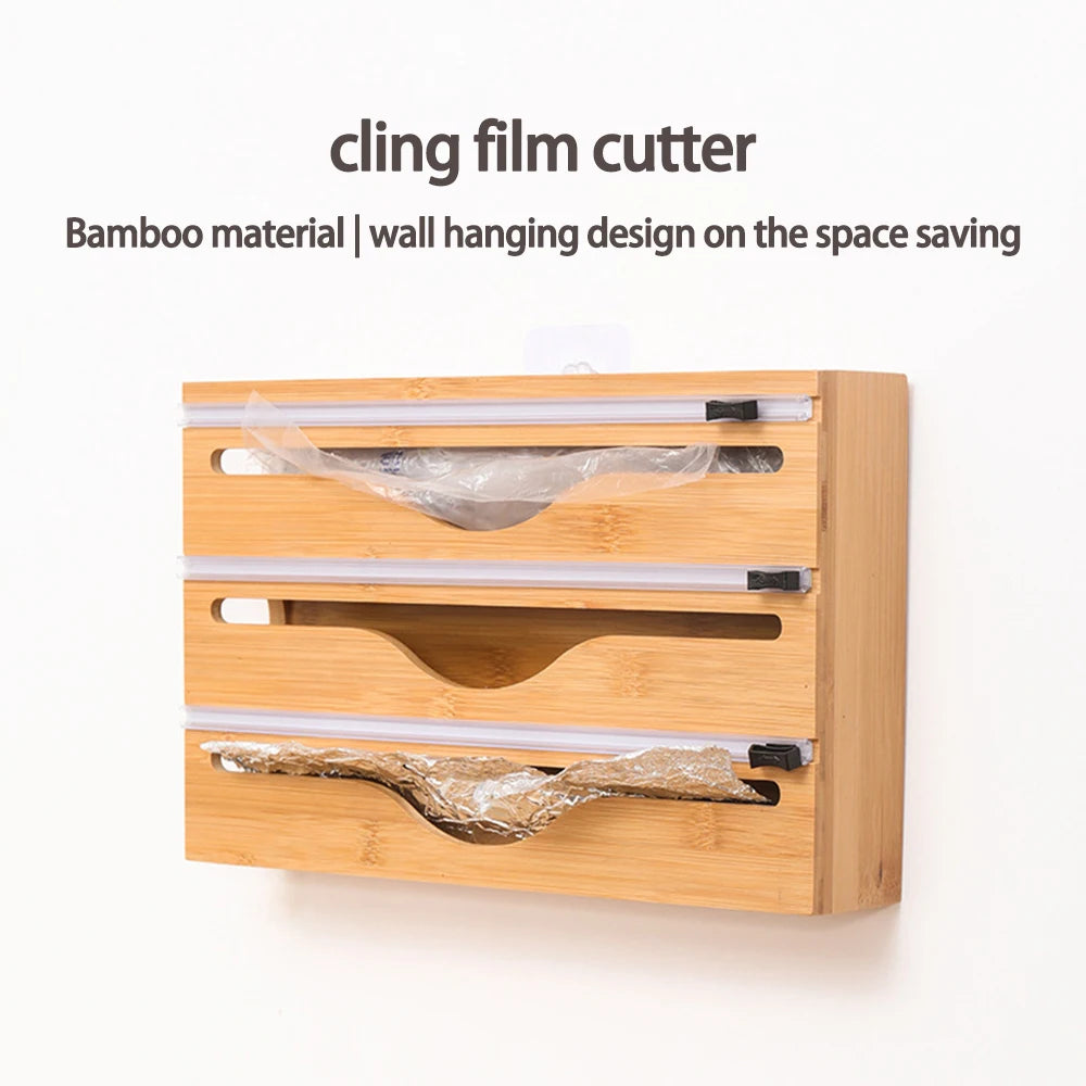 Plastic Wrap Dispenser with Cutter Wooden Organizer Kitchen Storage for Aluminum Foil, Plastic Wrap and Wax Paper, Fits 12" Roll