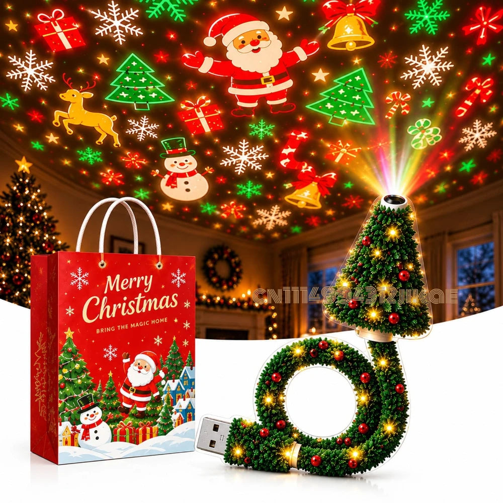Christmas Projector Night Light – USB-Powered Holiday Tree Lamp with 6+ Festive Patterns, Flexible LED Christmas Light for Bedroom, Ceiling & Home Decor