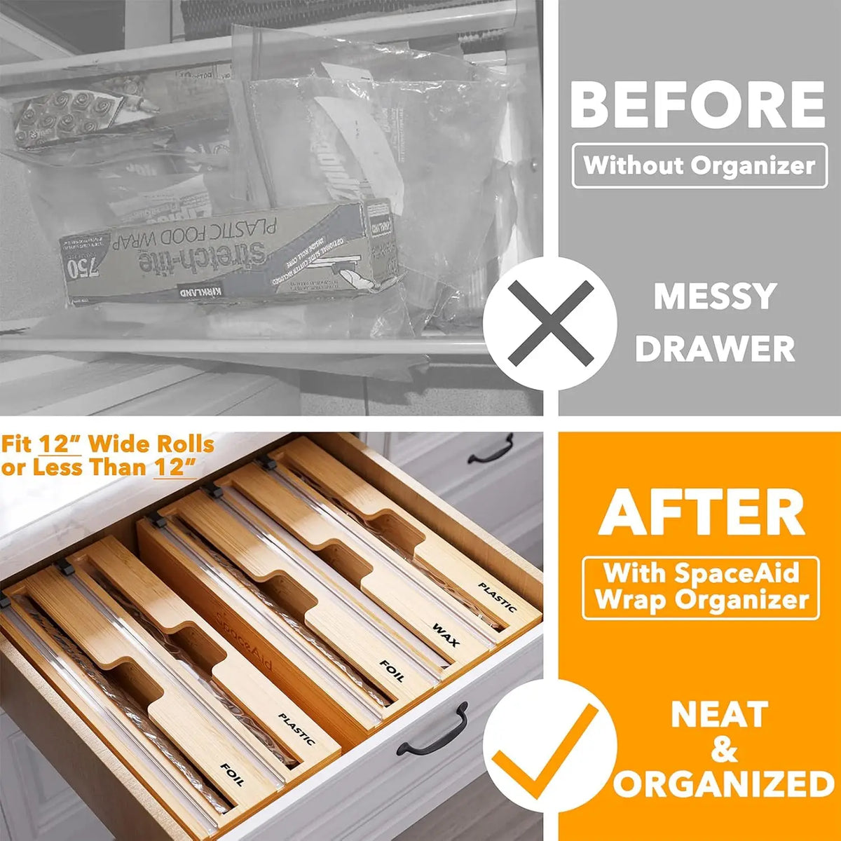 Plastic Wrap Dispenser with Cutter Wooden Organizer Kitchen Storage for Aluminum Foil, Plastic Wrap and Wax Paper, Fits 12" Roll