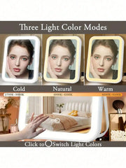 LED Makeup Mirror, 3-Color Light, 360° Rotatable, Touch Control, USB Powered, Tabletop Vanity Mirror for Bedroom Bathroom Travel
