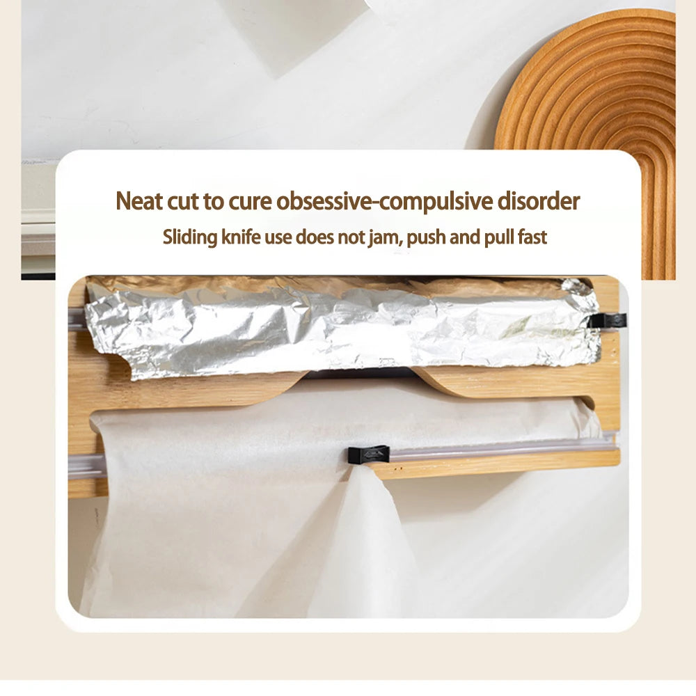 Plastic Wrap Dispenser with Cutter Wooden Organizer Kitchen Storage for Aluminum Foil, Plastic Wrap and Wax Paper, Fits 12" Roll
