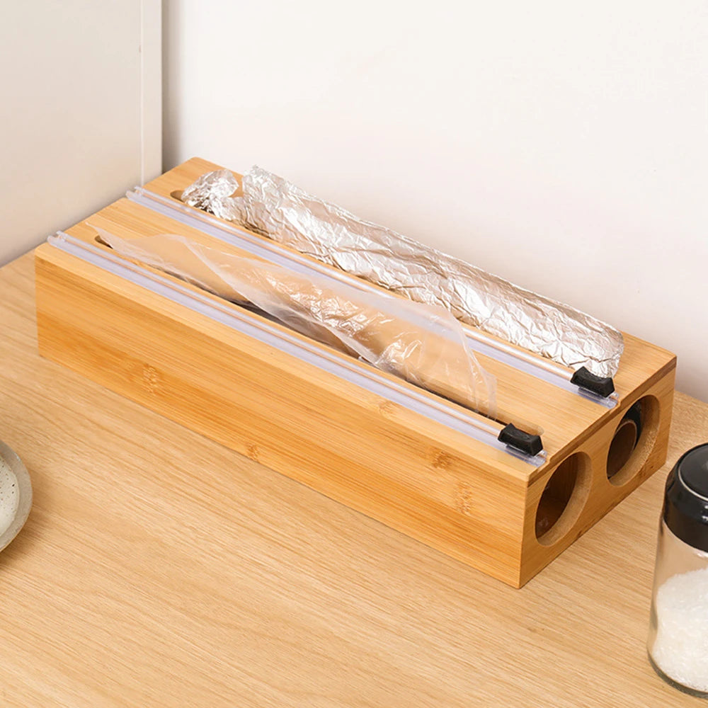 Plastic Wrap Dispenser with Cutter Wooden Organizer Kitchen Storage for Aluminum Foil, Plastic Wrap and Wax Paper, Fits 12" Roll