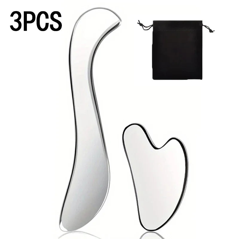 3-piece finely crafted stainless steel gua sha tool set, smooth texture, for full-body scraping, detoxification, and wellness