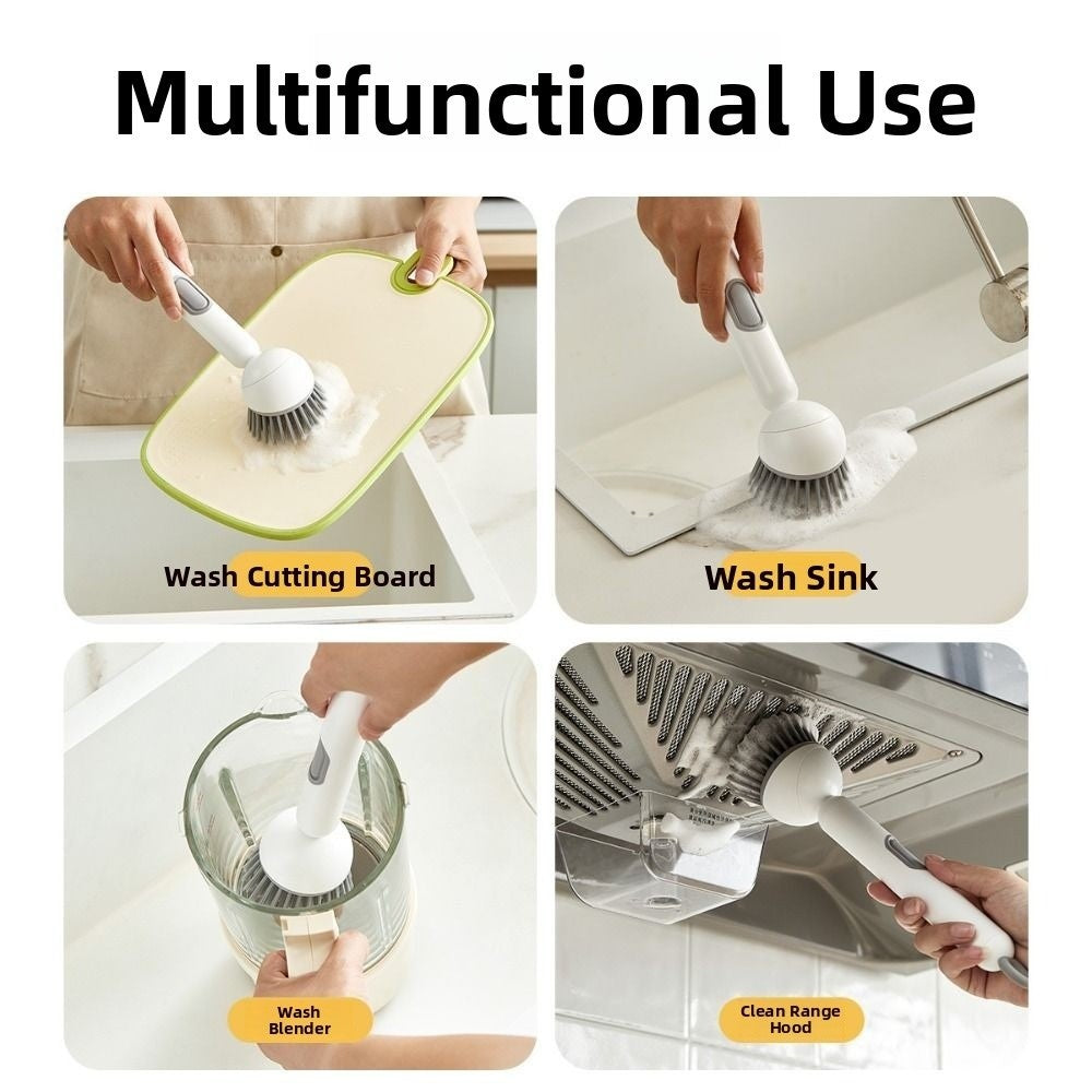 Liquid-Dispensing Dish Brush with Rotating Scrubber Head