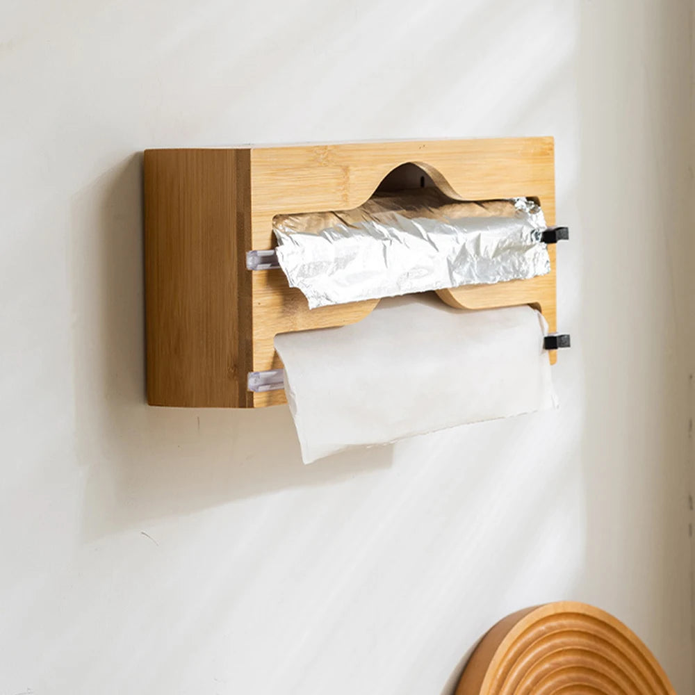 Plastic Wrap Dispenser with Cutter Wooden Organizer Kitchen Storage for Aluminum Foil, Plastic Wrap and Wax Paper, Fits 12" Roll