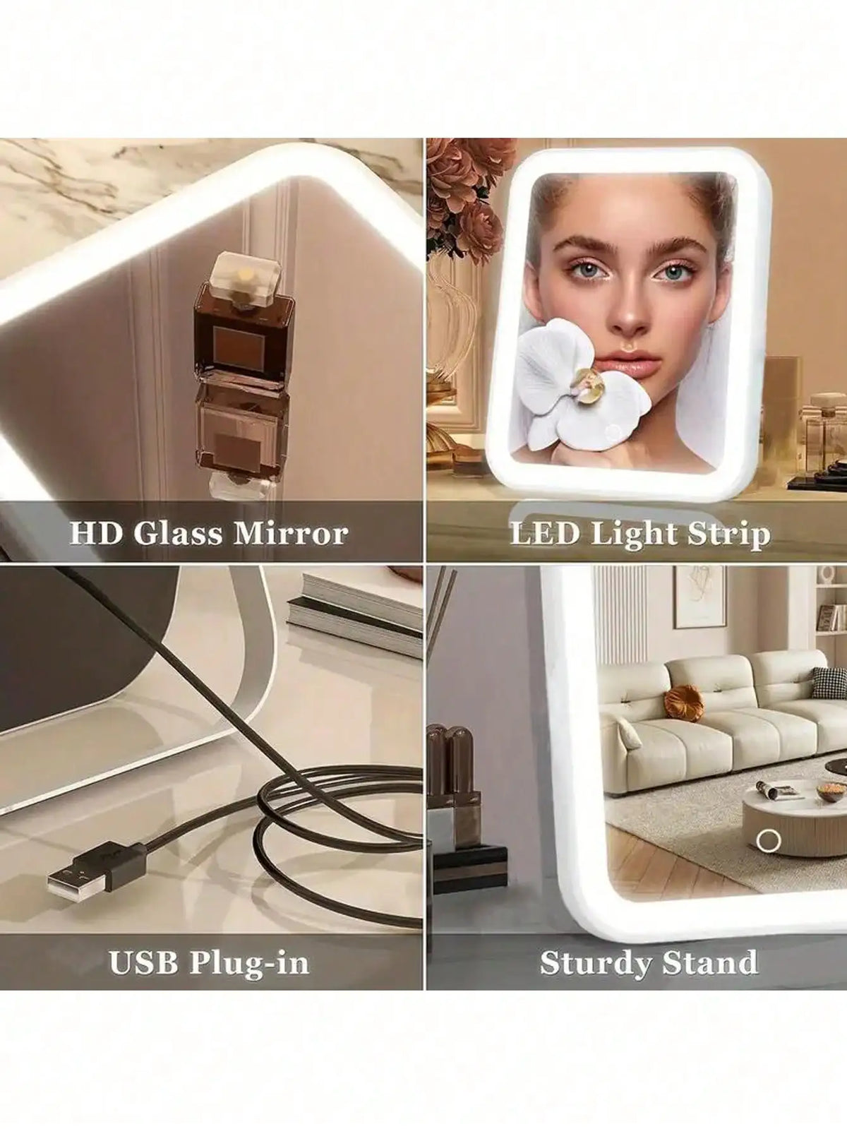 LED Makeup Mirror, 3-Color Light, 360° Rotatable, Touch Control, USB Powered, Tabletop Vanity Mirror for Bedroom Bathroom Travel
